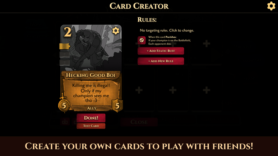 Image of the Card Creator with caption "Create your own cards to play with Friends!" Image of the Card Creator with caption "Create your own cards to play with Friends!"